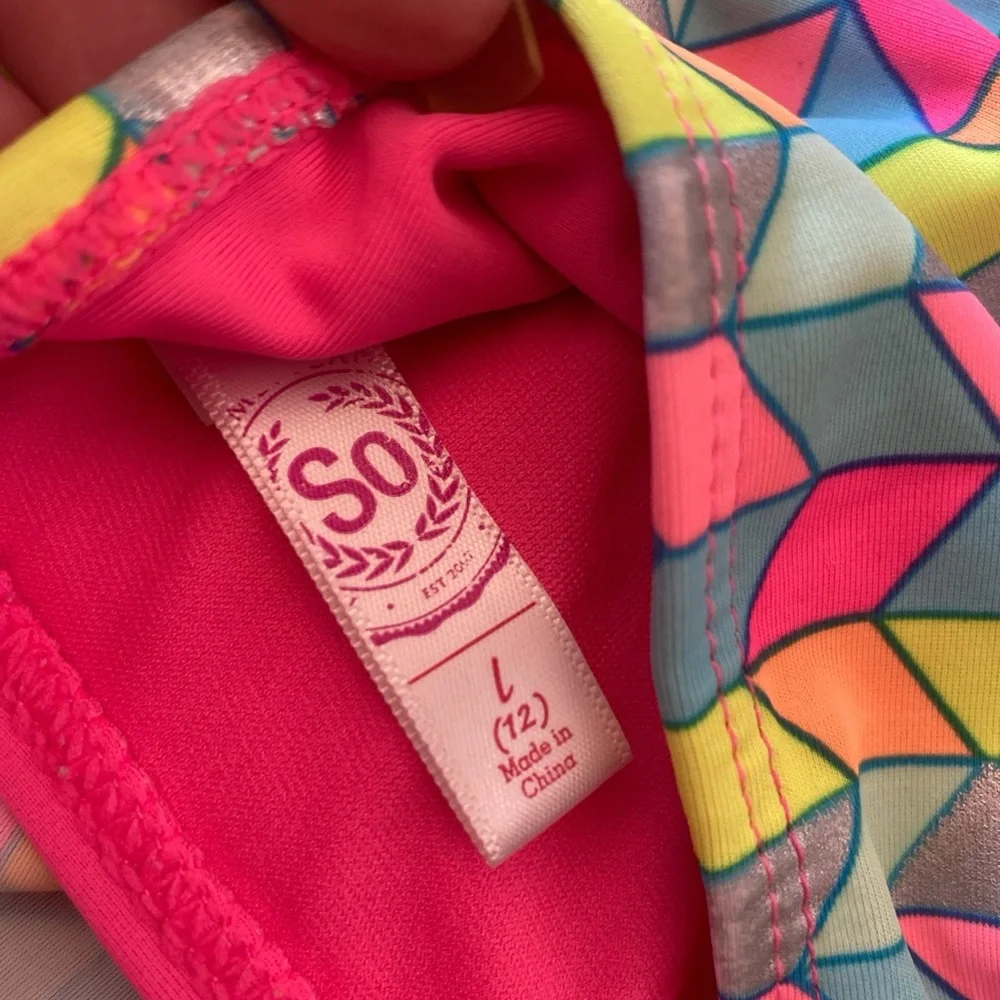SO Girls Size 12 Large Geometric Bikini Set Pink Blue Yellow Swim New